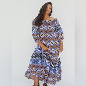 Anthropologie Abstract Flounced Off-The-Shoulder Maxi Dress